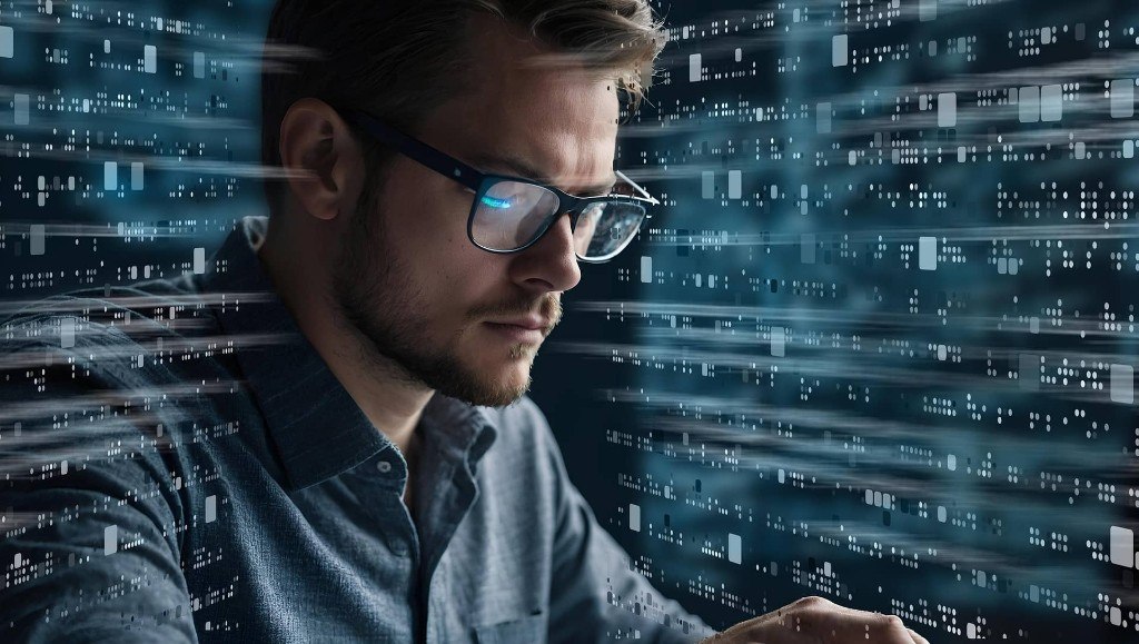 Focused professional working with AI technology and digital data visualizations