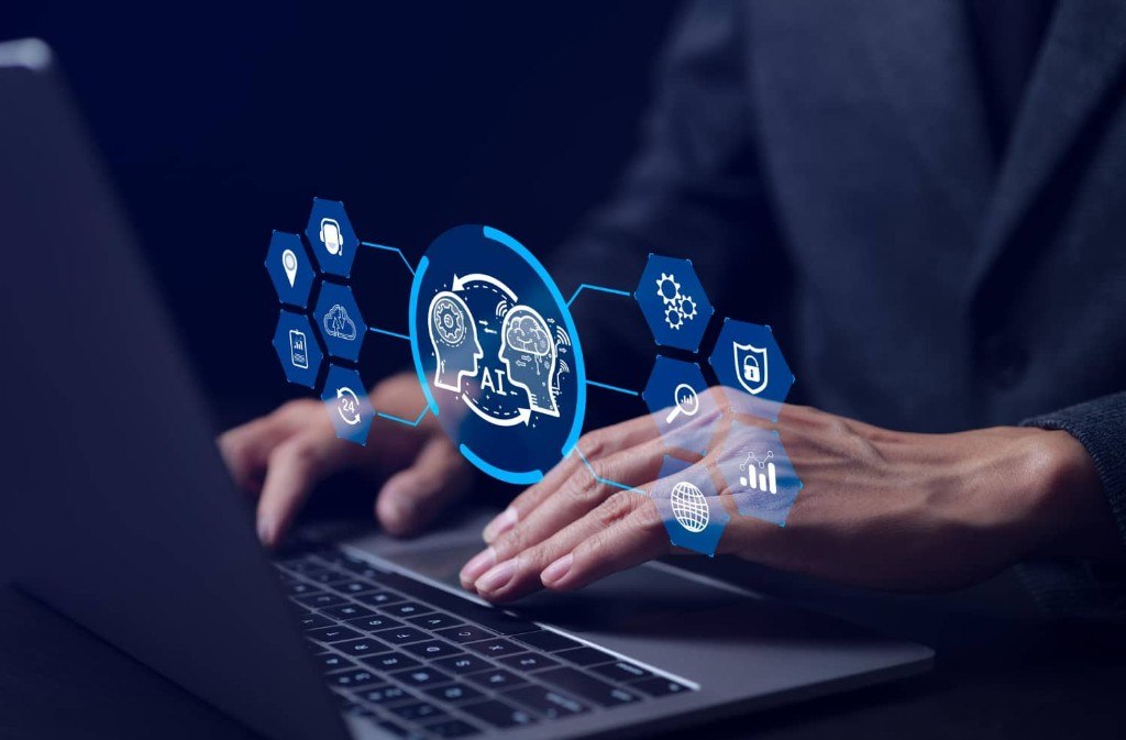 Business professional using AI tools with security-focused holographic icons